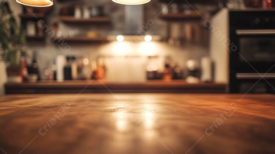 Superfície de mesa de madeira com fundo desfocado de cozinha moderna iluminada