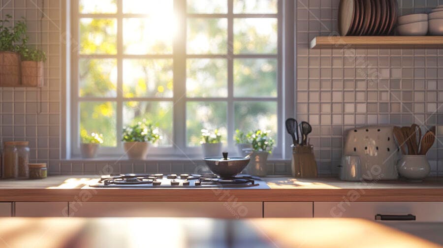 Cozinha moderna com panela no fogão sob luz solar matinal na janela