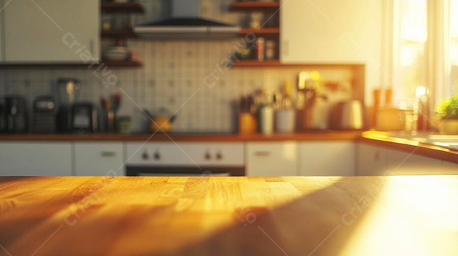 Bancada de madeira clara em cozinha moderna com luz solar dourada