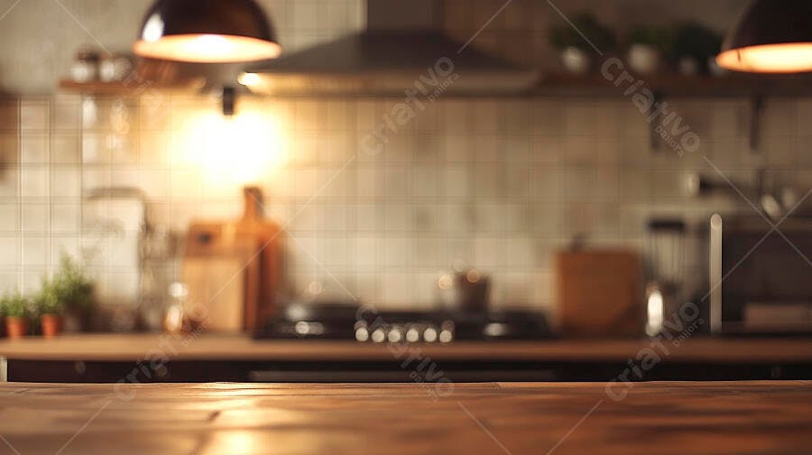 Bancada de cozinha moderna em madeira com fundo desfocado e luz quente
