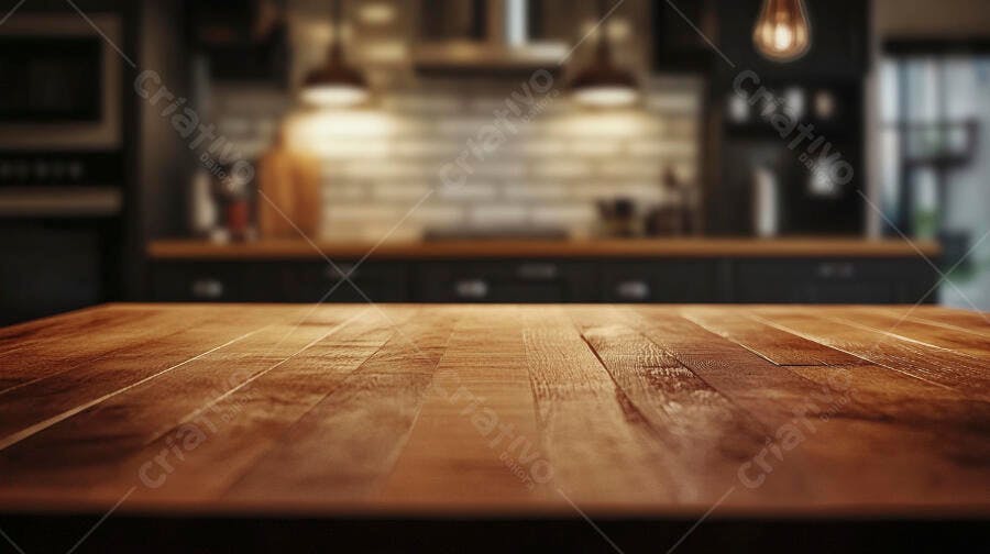 Mesa de madeira vazia com cozinha moderna desfocada e luzes quentes