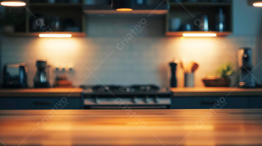 Bancada de cozinha moderna em madeira com luzes quentes e fundo desfocado