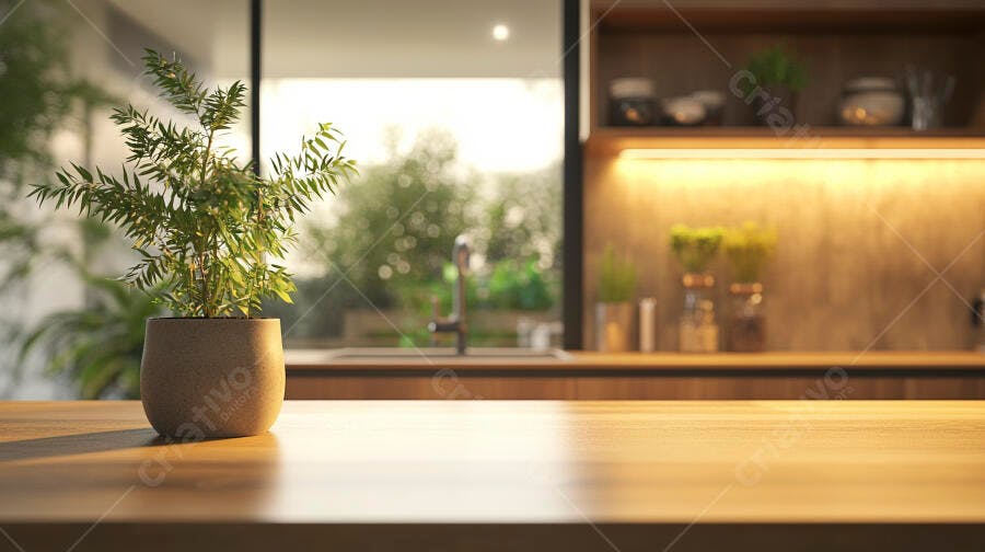 Planta verde em vaso de cimento sobre bancada de madeira em cozinha moderna