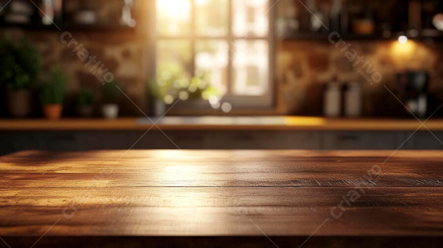 Mesa de madeira rústica iluminada pelo sol na cozinha aconchegante