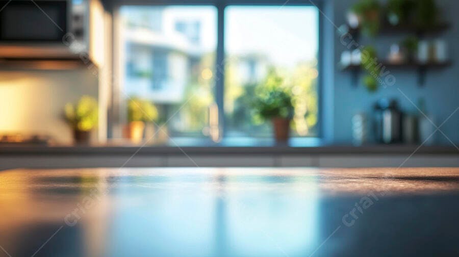 Balcão de cozinha escuro refletindo luz solar em ambiente moderno