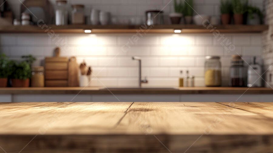 Bancada de madeira rústica com fundo de cozinha moderna e limpa