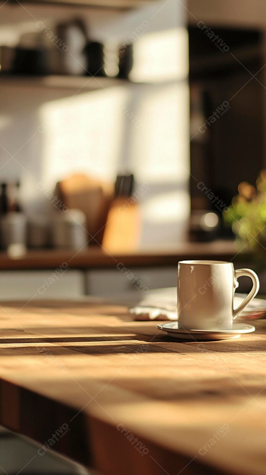 Caneca branca sobre mesa de madeira com luz solar matinal