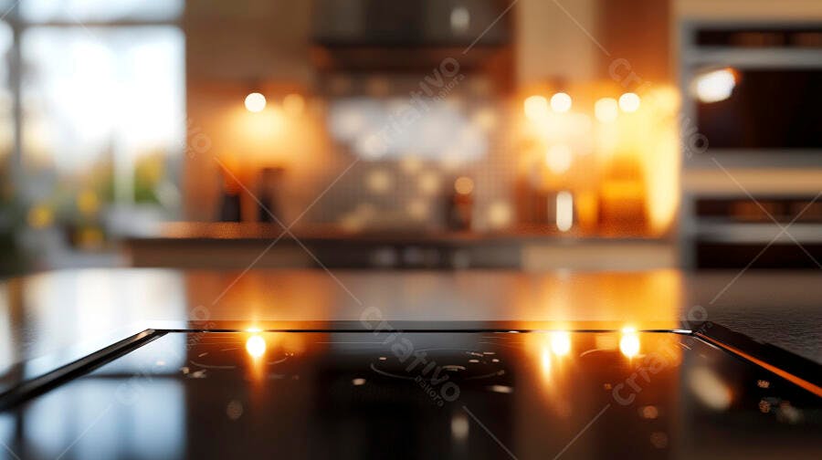 Cozinha moderna com fogão de indução e iluminação quente ambiente noturno