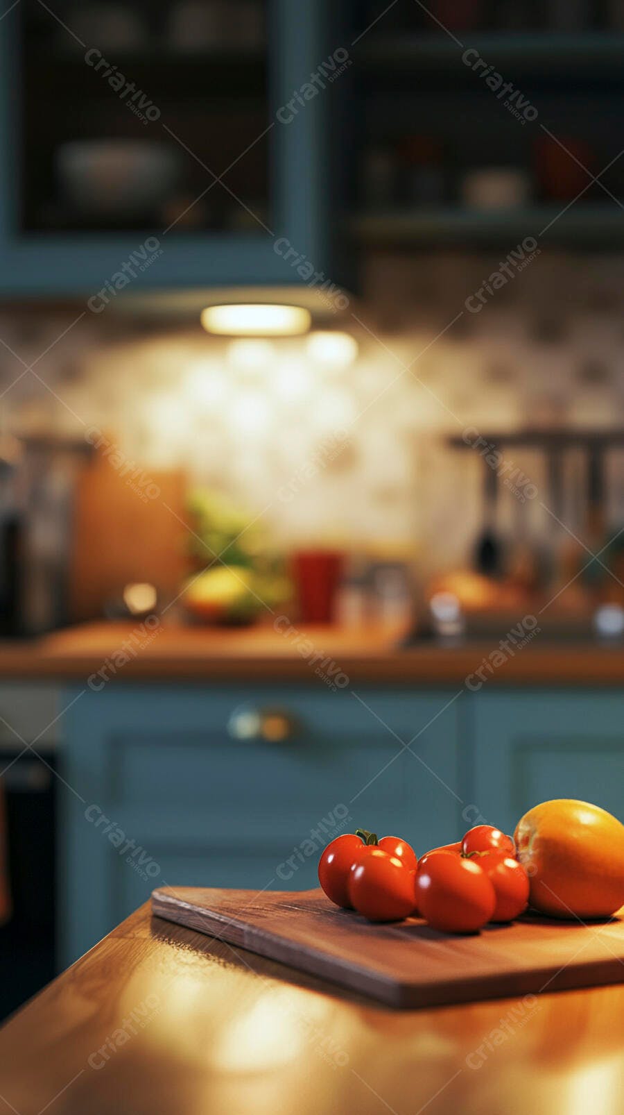 Tomates frescos e pimentão em tábua de corte na cozinha com luz quente