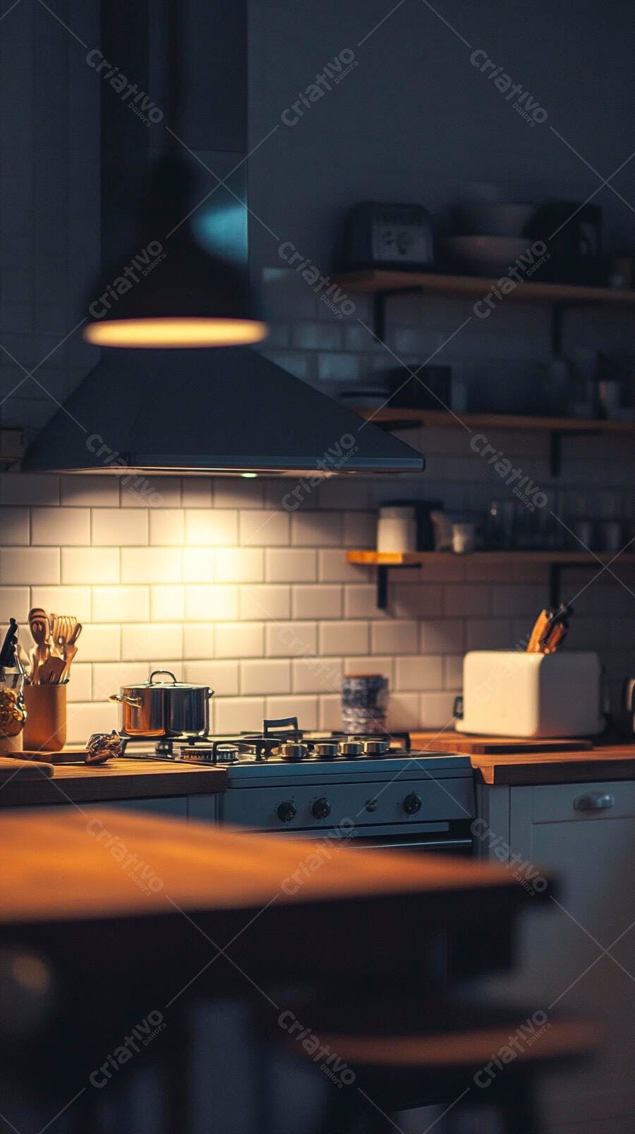 Cozinha moderna com fogão e panela pronta para cozinhar à noite