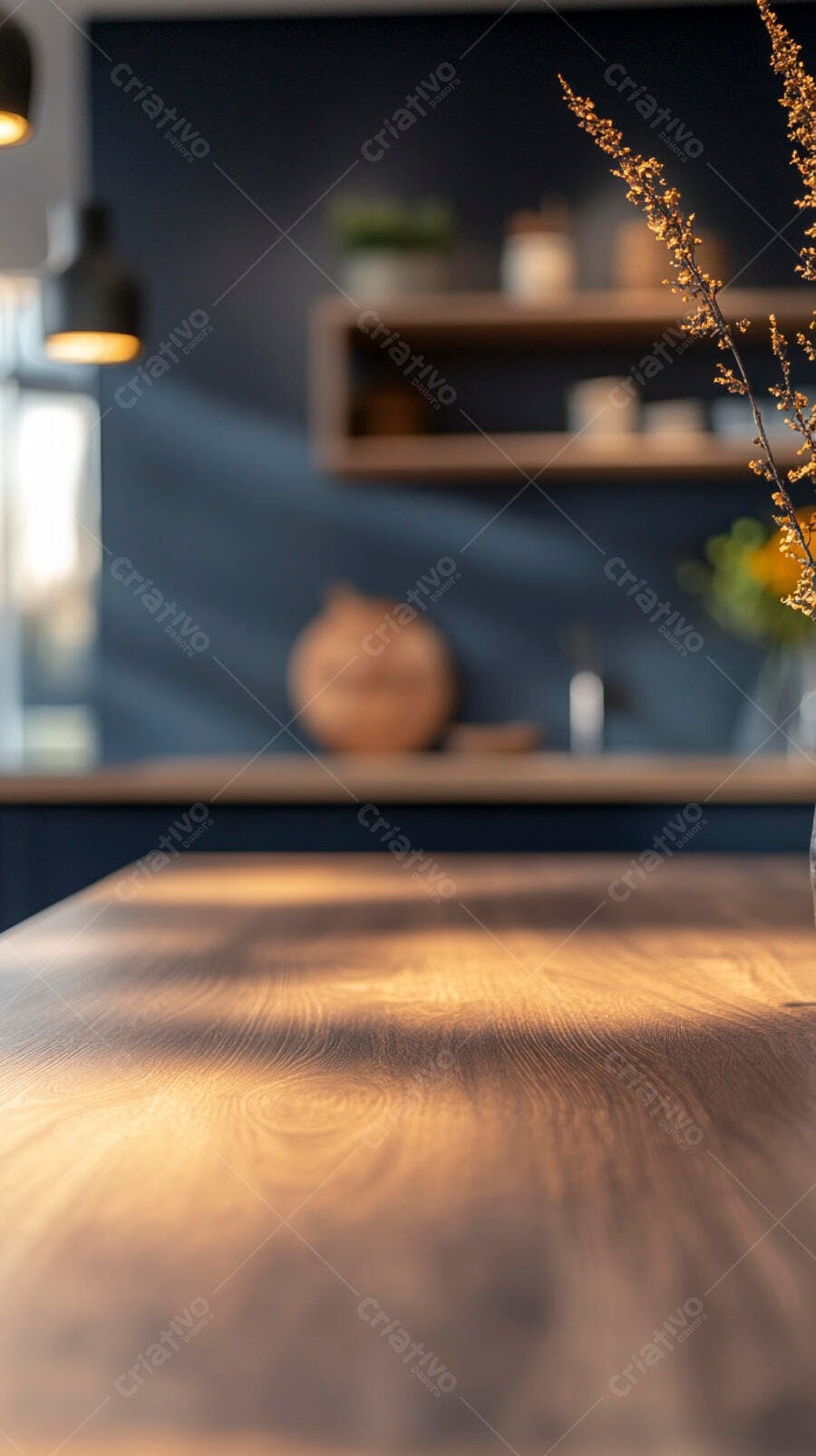 Bancada de madeira vazia com luz solar em cozinha moderna