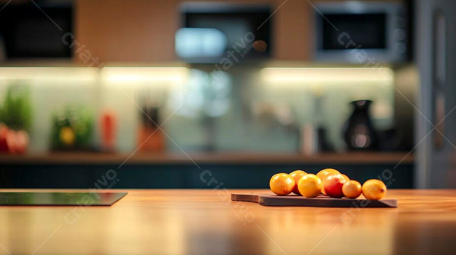 Frutas cítricas frescas na tábua de madeira em cozinha moderna