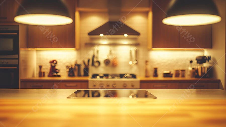 Cozinha moderna com bancada de madeira e iluminação quente desfocada