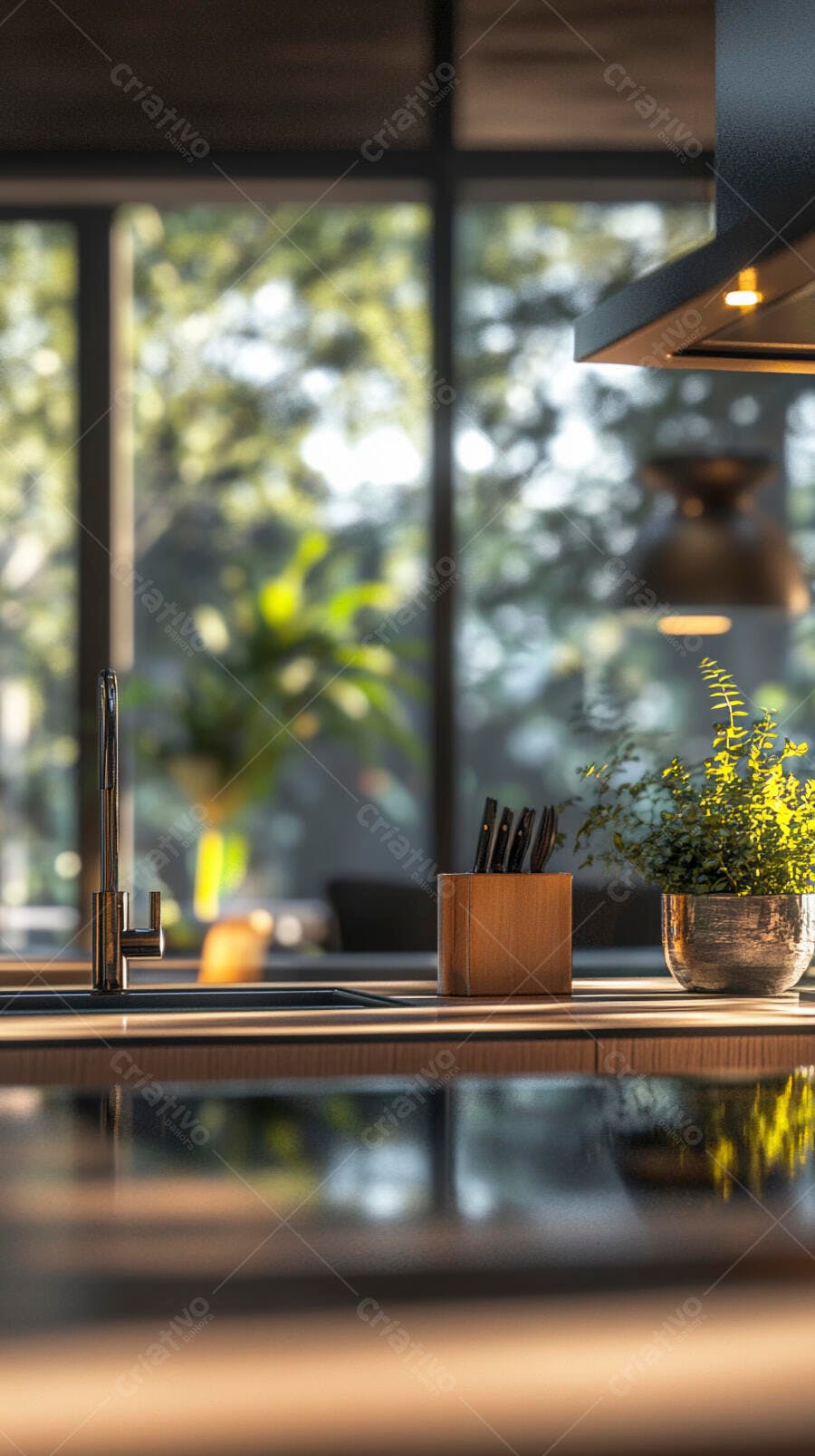 Cozinha moderna com pia e planta no balcão iluminado pelo sol