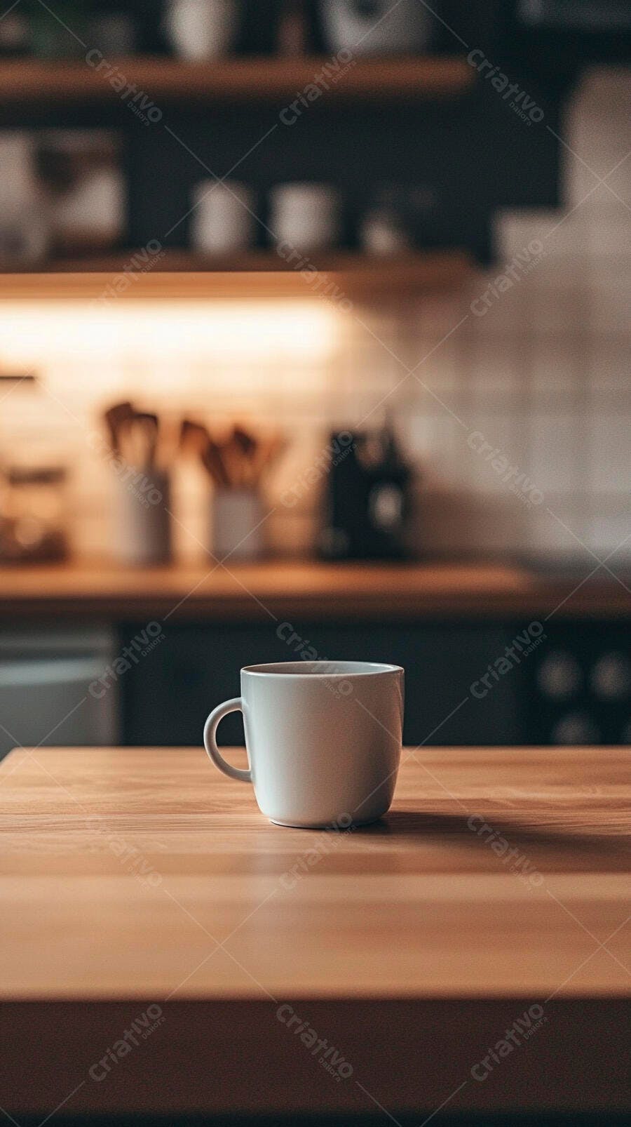 Caneca branca em balcão de cozinha moderna com iluminação quente