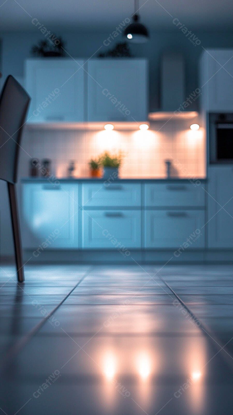 Cozinha moderna com iluminação aconchegante noturna e reflexos no chão