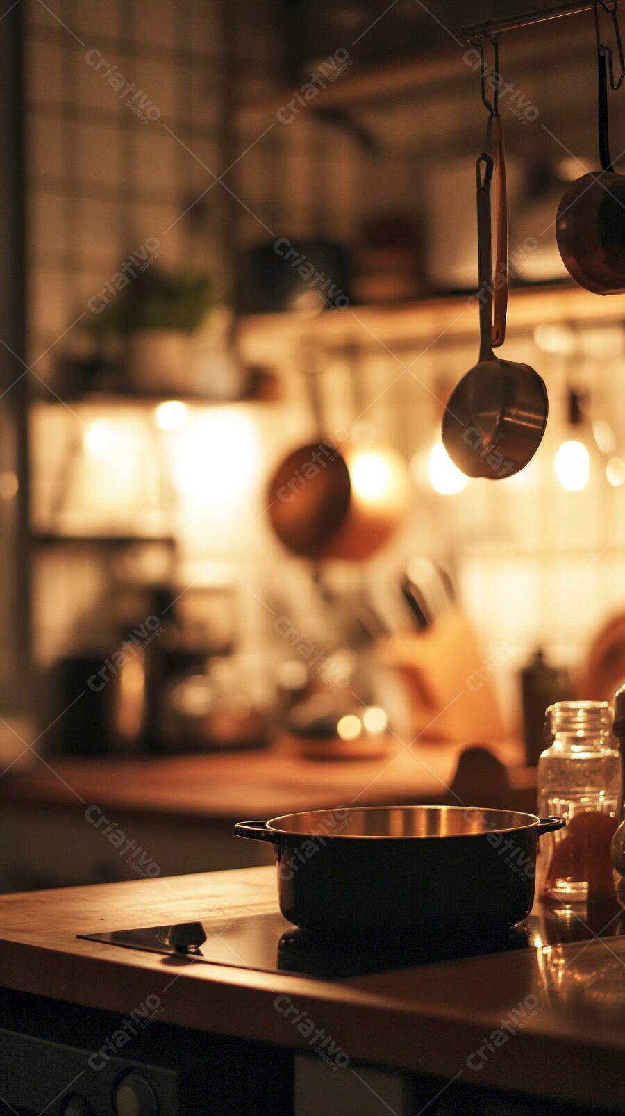 Cozinha moderna com panela no fogão e iluminação quente noturna