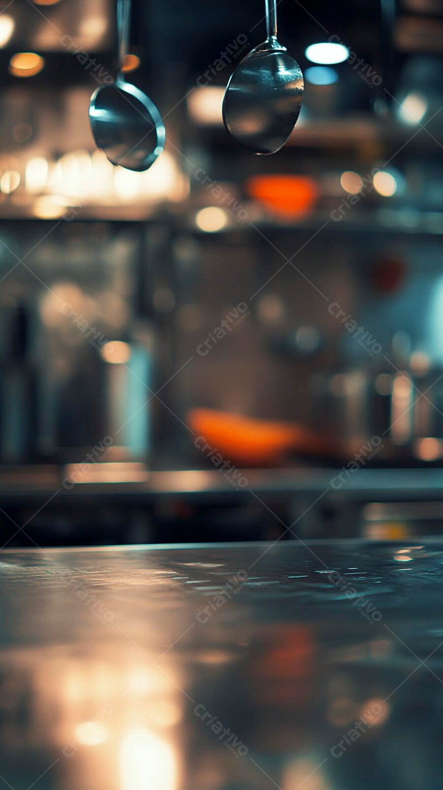 Utensílios de cozinha metálicos suspensos em ambiente de restaurante moderno