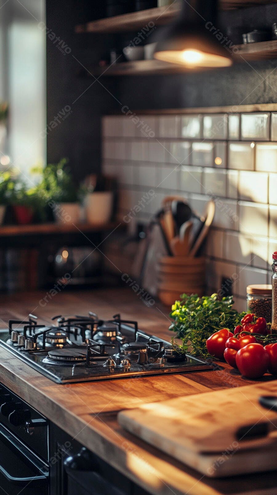 Cozinha moderna com fogão a gás e tomates frescos na bancada de madeira iluminada