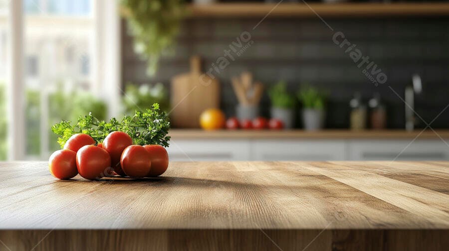 Tomates frescos com salsinha verde na bancada da cozinha iluminada