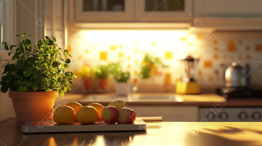 Cozinha moderna iluminada pelo sol com planta e frutas frescas no balcão de madeira