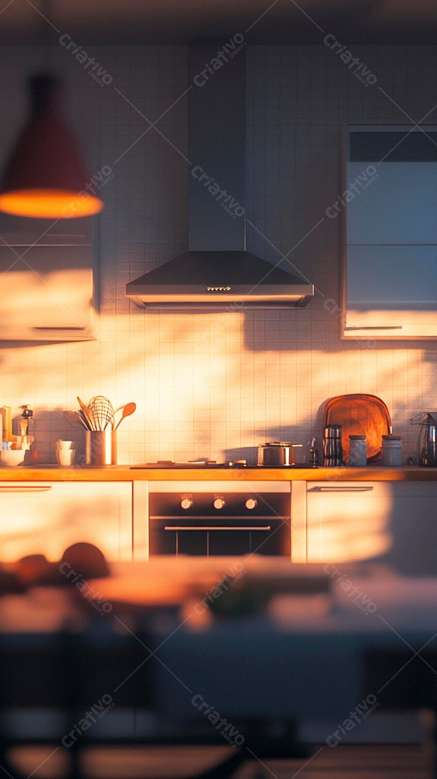 Cozinha branca moderna ensolarada ao amanhecer com exaustor forno balcão madeira