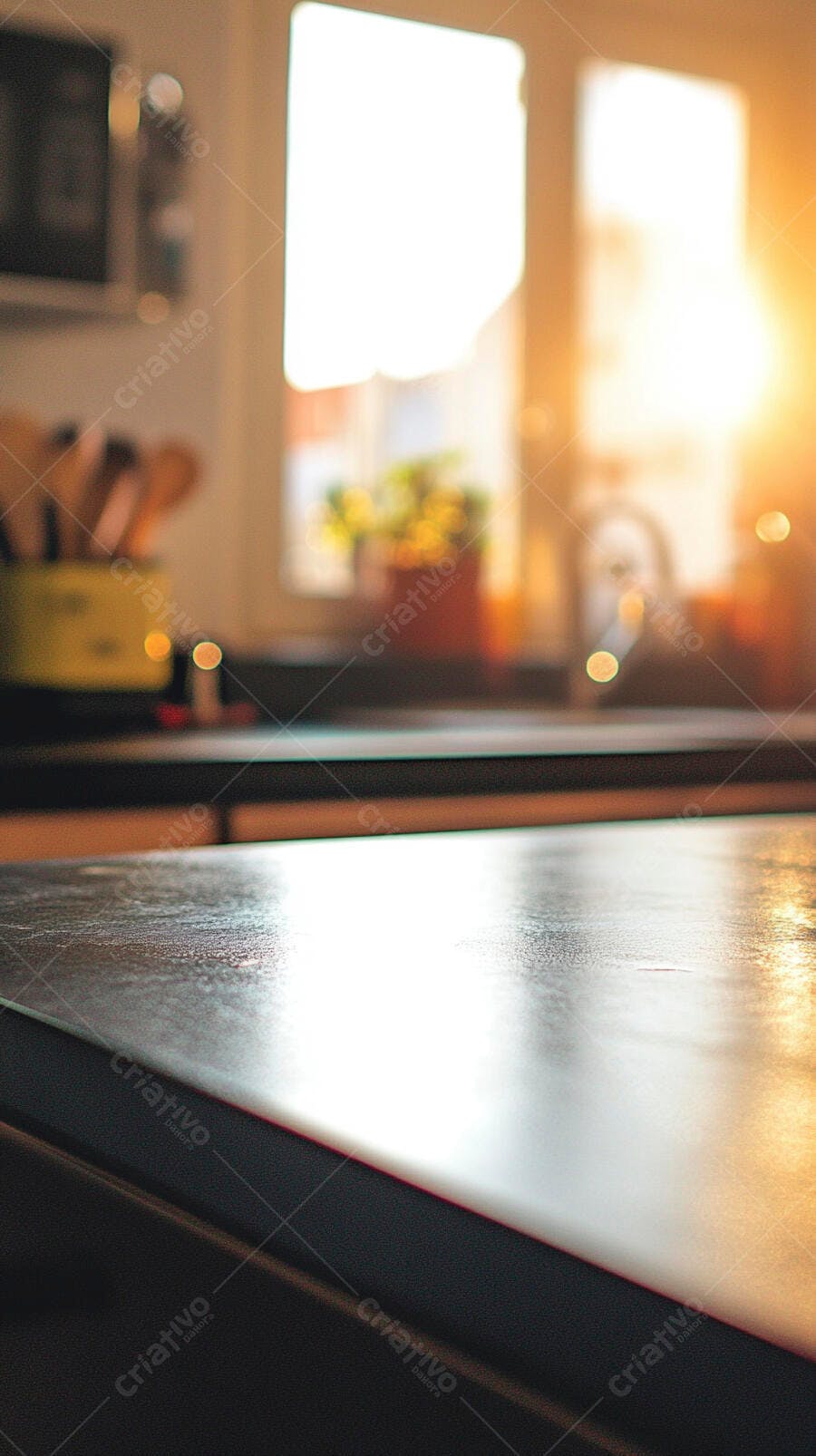 Cozinha com bancada escura e luz solar dourada através da janela