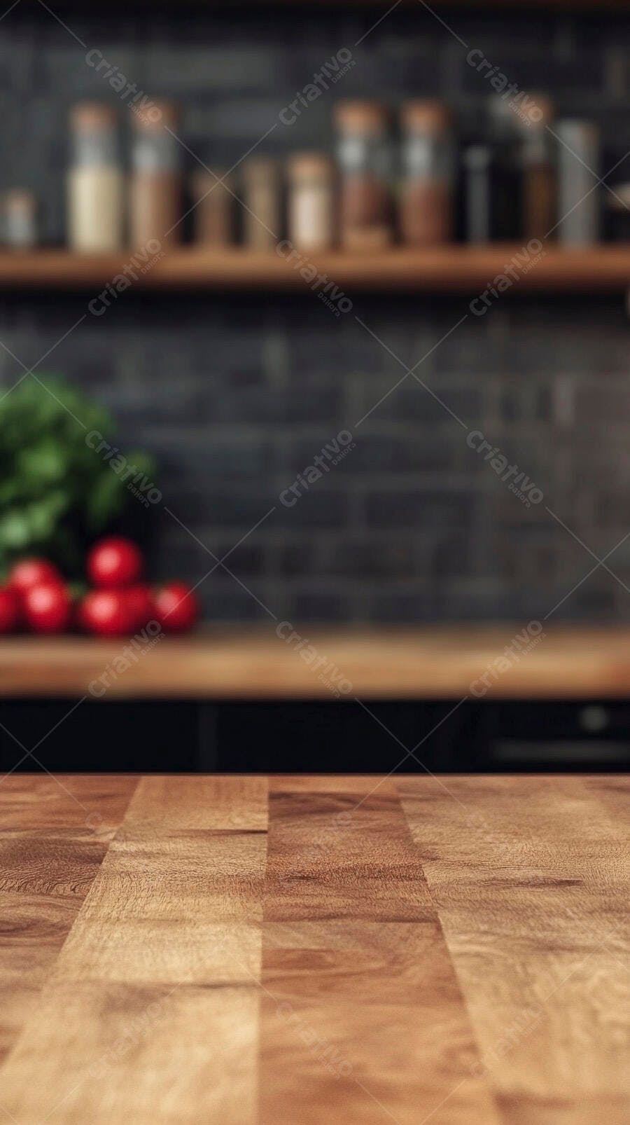 Bancada de madeira vazia em cozinha moderna com fundo desfocado