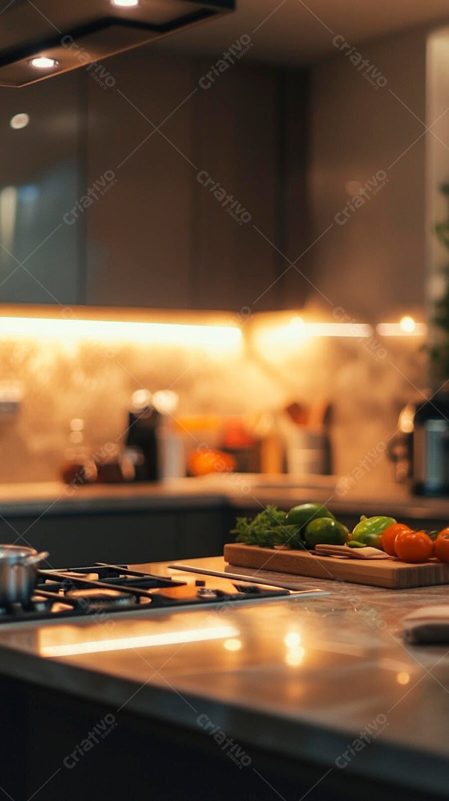 Cozinha moderna com legumes frescos na bancada iluminada