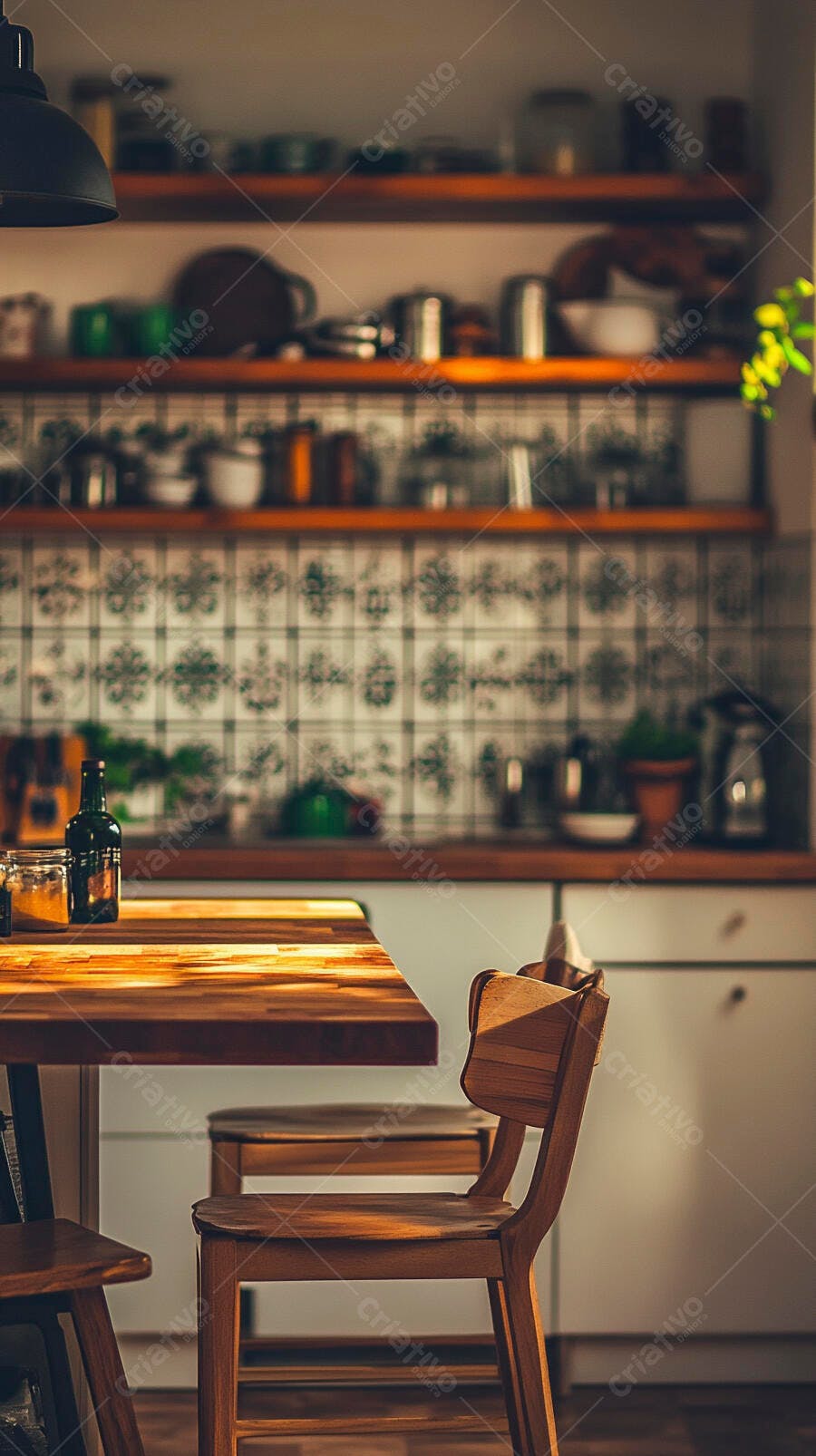 Cozinha aconchegante com mesa de madeira escura e cadeiras rústicas e prateleiras