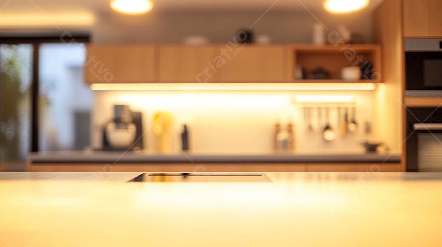 Cozinha moderna iluminada bancada vazia e armários de madeira clara