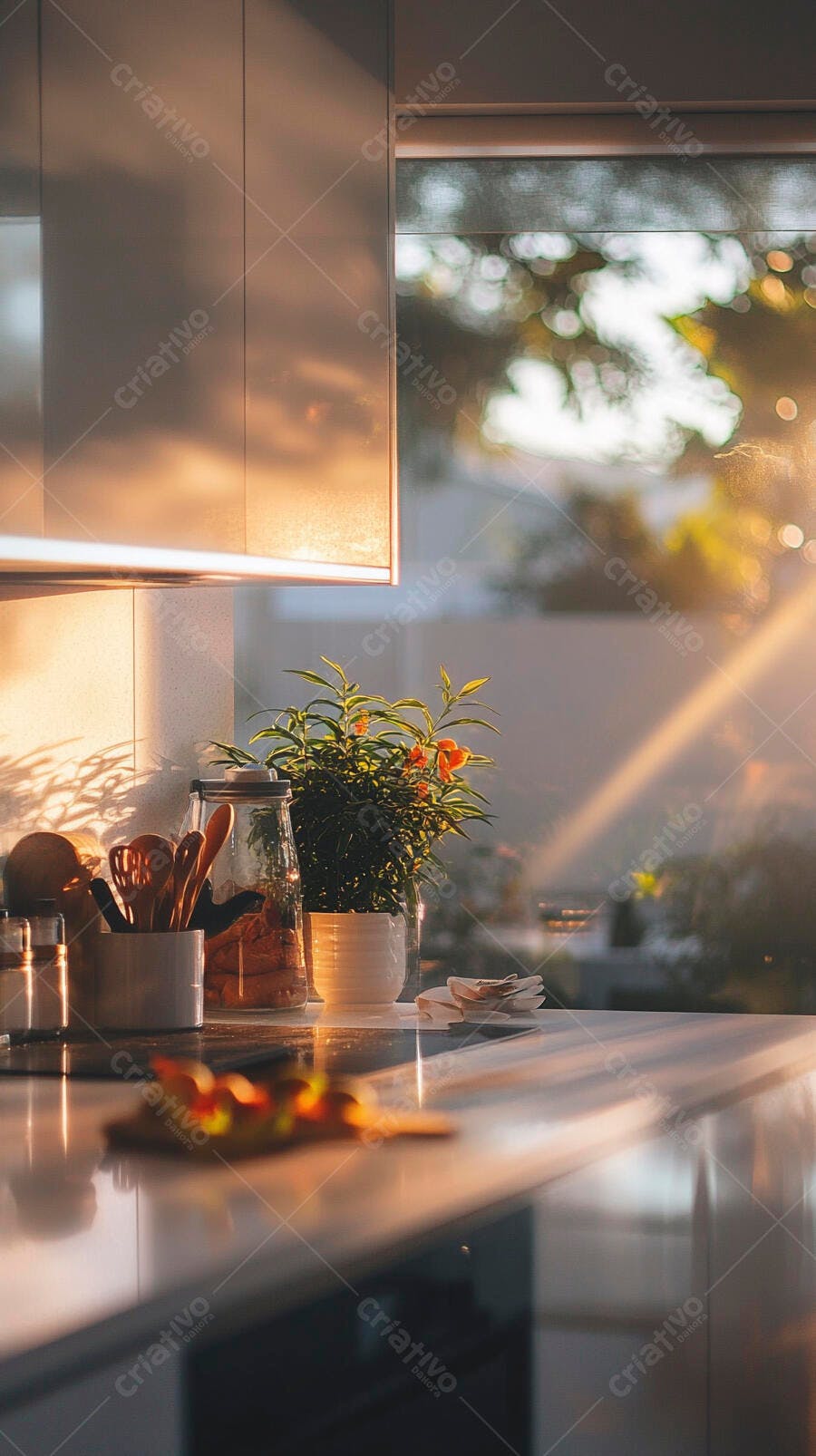 Cozinha moderna com luz dourada do sol e planta verde vibrante