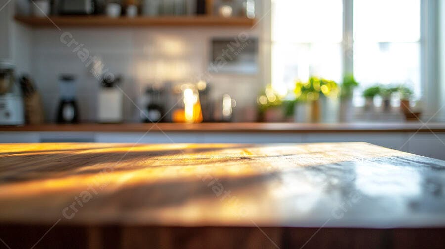 Bancada de madeira em cozinha moderna com luz solar matinal e fundo desfocado