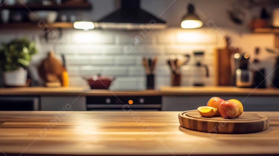 Maçãs vermelhas e fatiadas em tábua de madeira na cozinha moderna