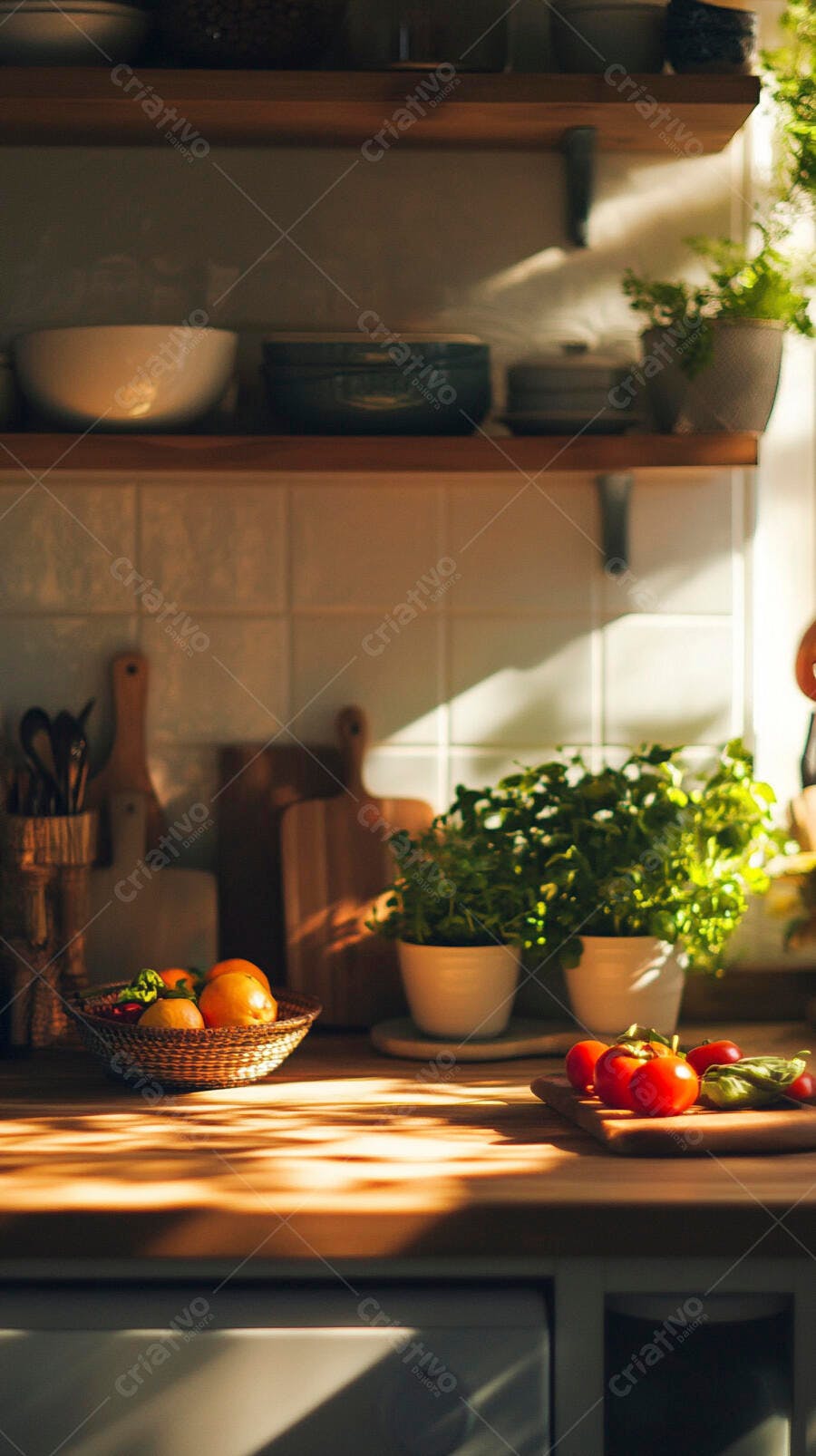 Cozinha rústica com frutas e ervas frescas sob luz solar aconchegante