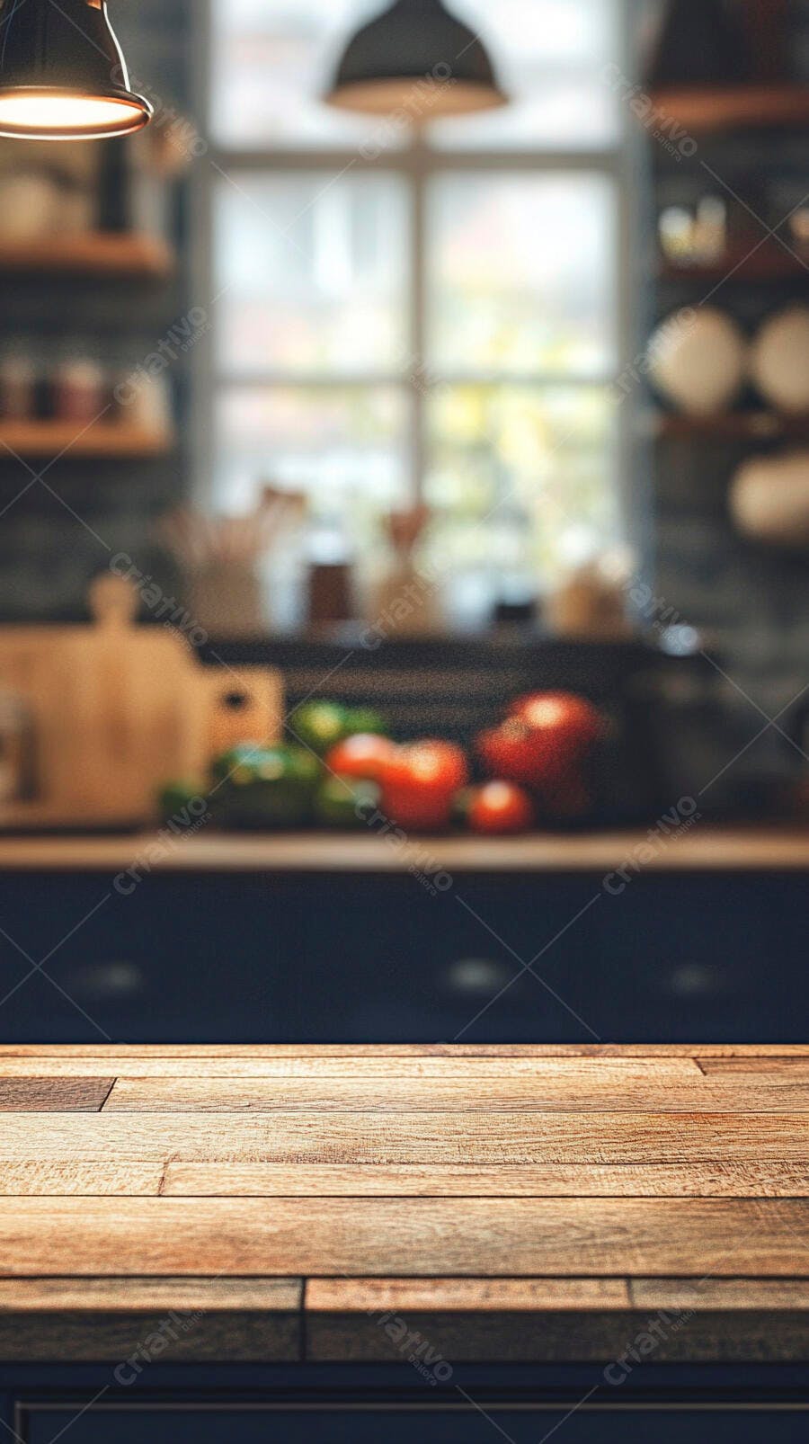 Mesa de madeira rústica em cozinha com vegetais desfocados e luz natural