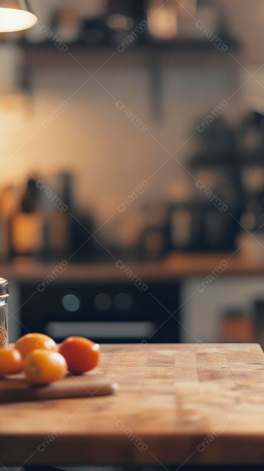 Laranjas e tomates frescos na tábua de madeira em cozinha aconchegante