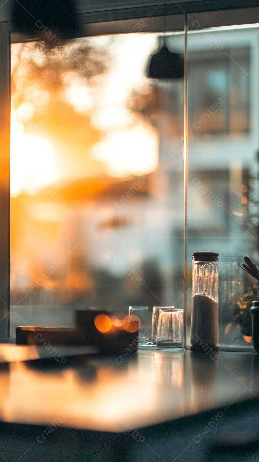 Mesa de café com copos vazios e luz dourada do pôr do sol em ambiente acolhedor