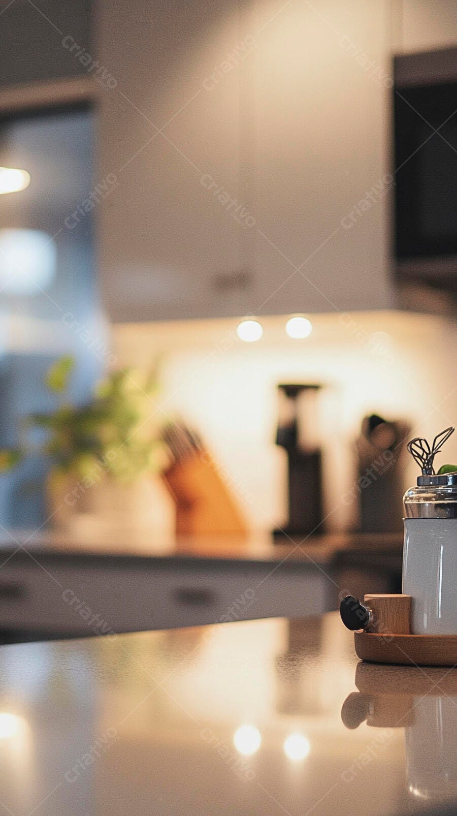 Cozinha moderna com bancada escura e pote decorativo branco