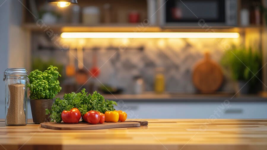 Vegetais frescos vermelhos e amarelos com ervas na bancada da cozinha moderna