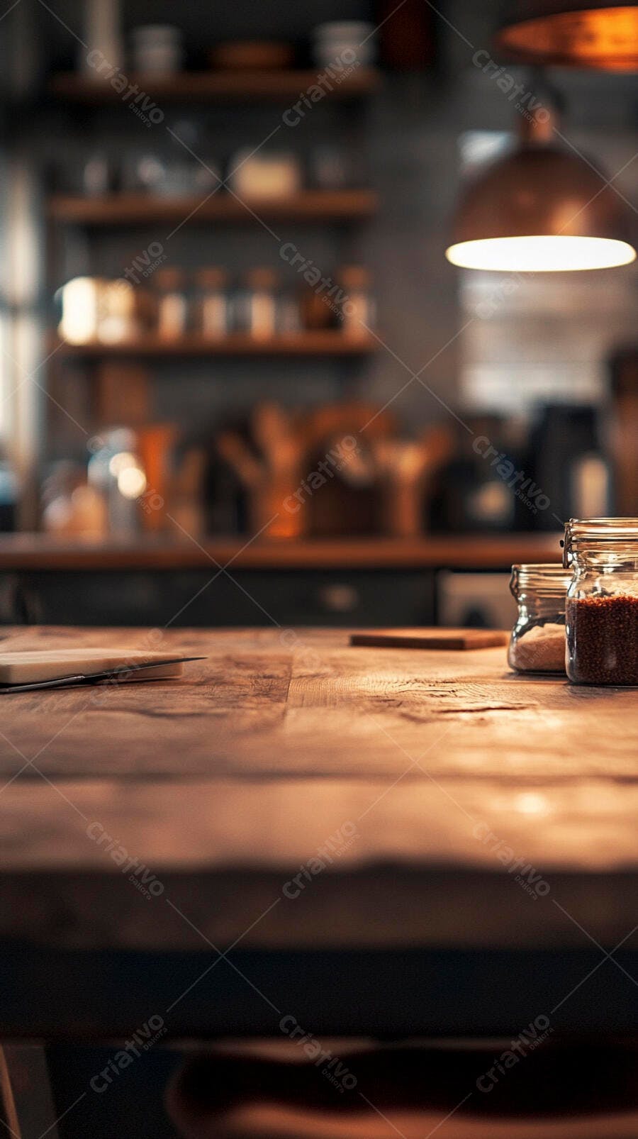 Mesa de madeira rústica com temperos e faca em cozinha aconchegante