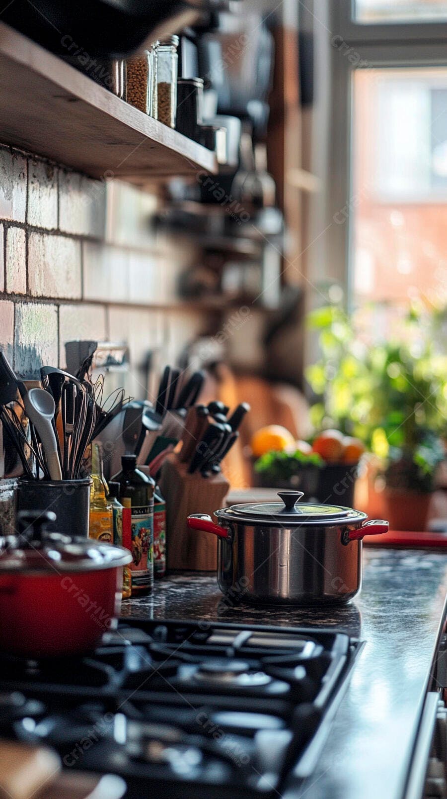Cozinha moderna com panelas e temperos pronta para cozinhar