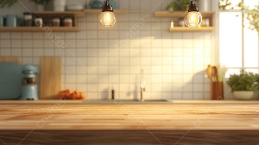 Bancada de cozinha em madeira clara com luz natural e fundo desfocado moderno