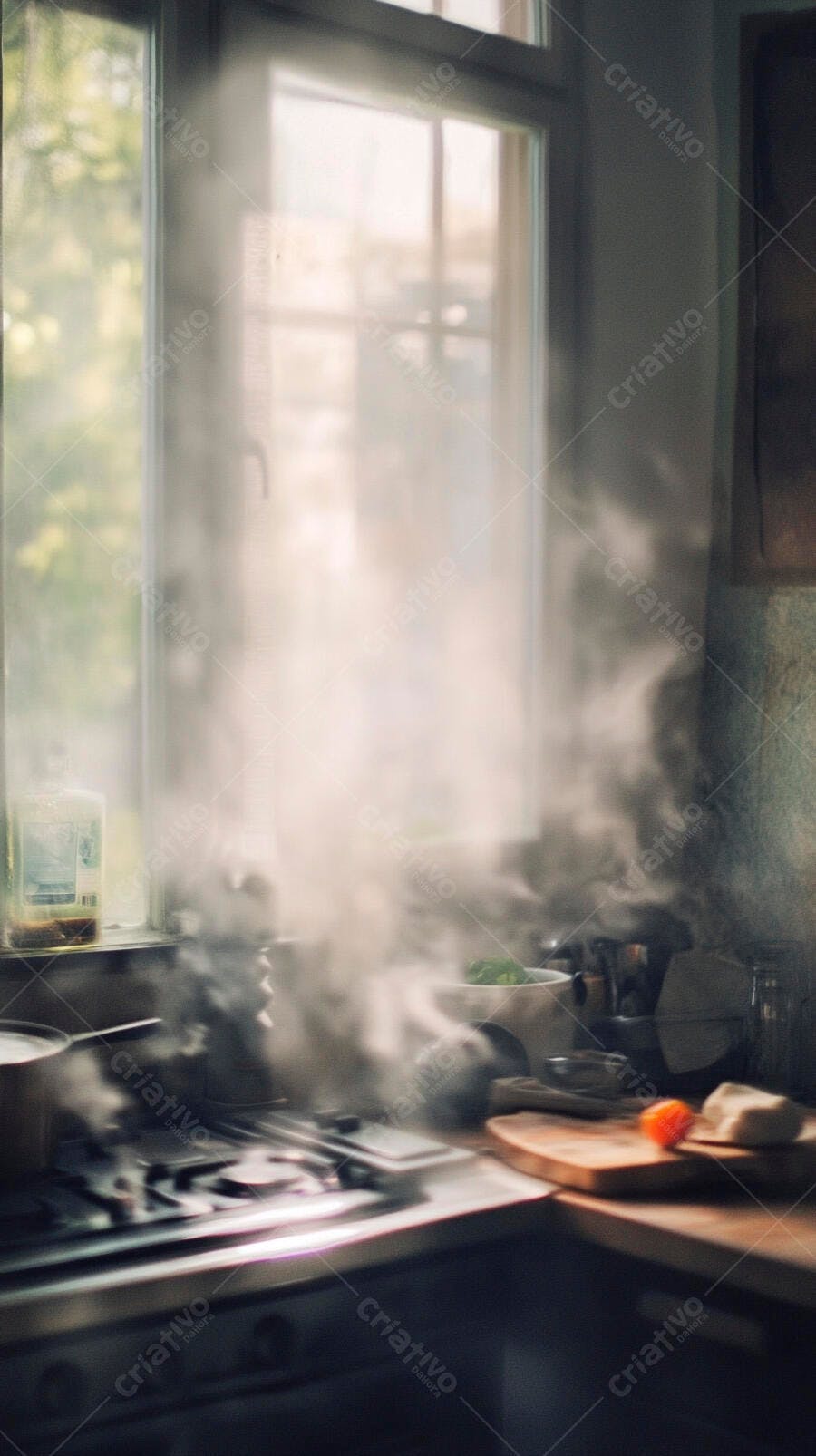 Vapor intenso na cozinha Panela fervendo junto à janela com luz natural