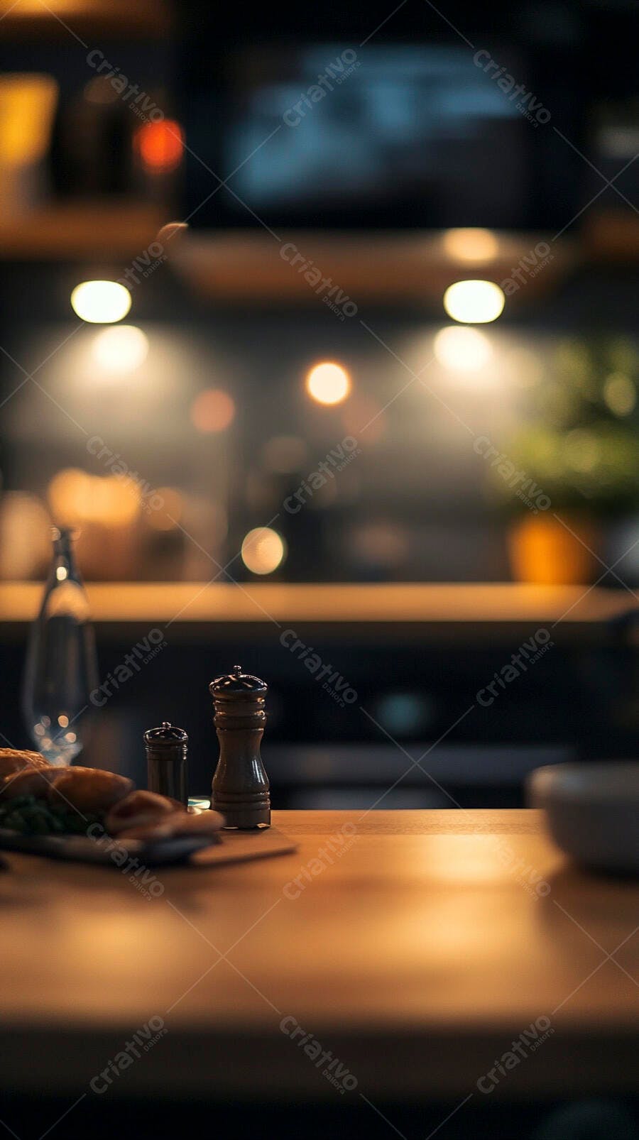 Mesa de madeira com saleiro pimenteiro e garrafa em restaurante moderno