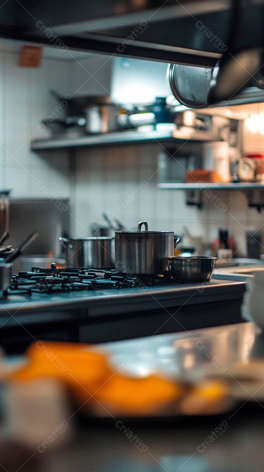 Cozinha industrial com panelas de inox em fogão a gás