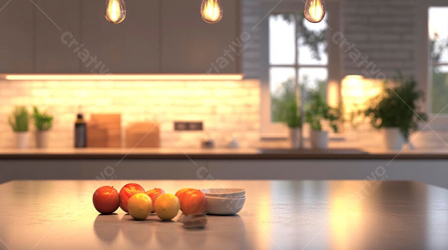 Cozinha moderna com frutas frescas na bancada ao amanhecer
