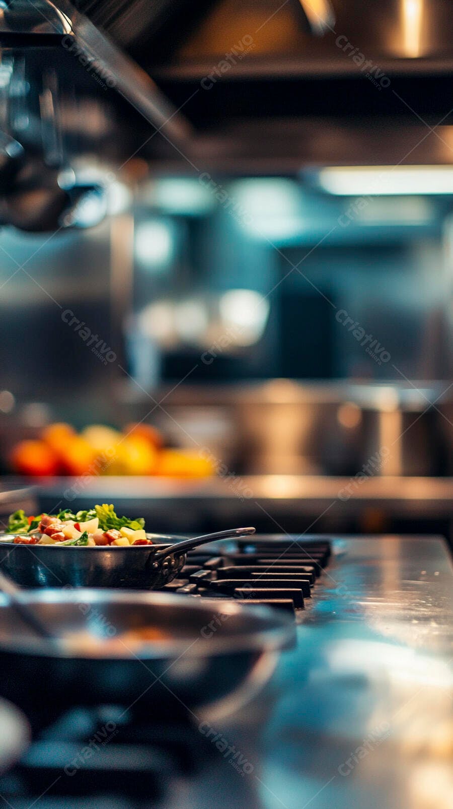 Pan com legumes frescos cozinhando em fogão industrial de cozinha profissional