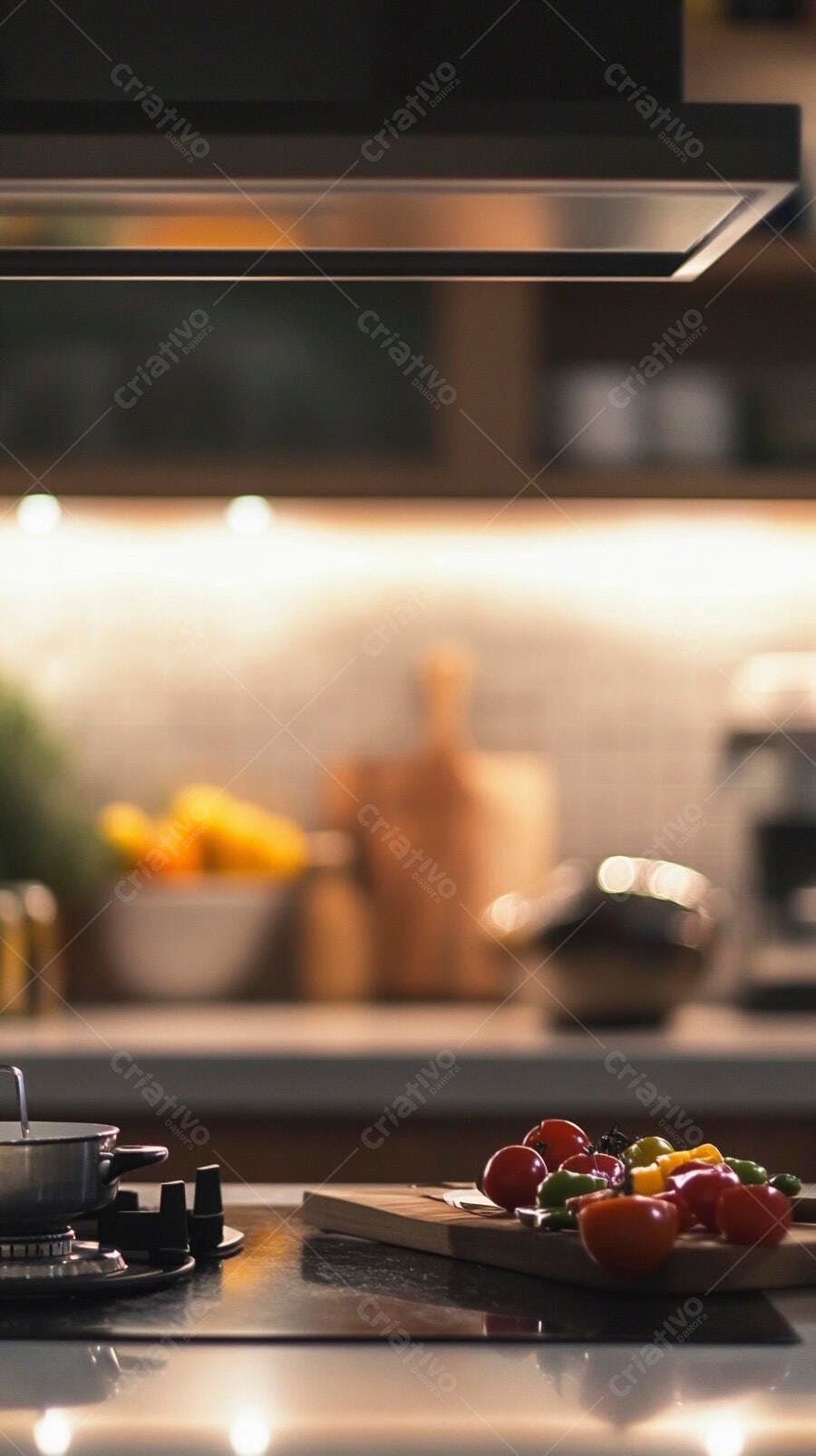 Cozinha moderna com vegetais frescos e panela no fogão