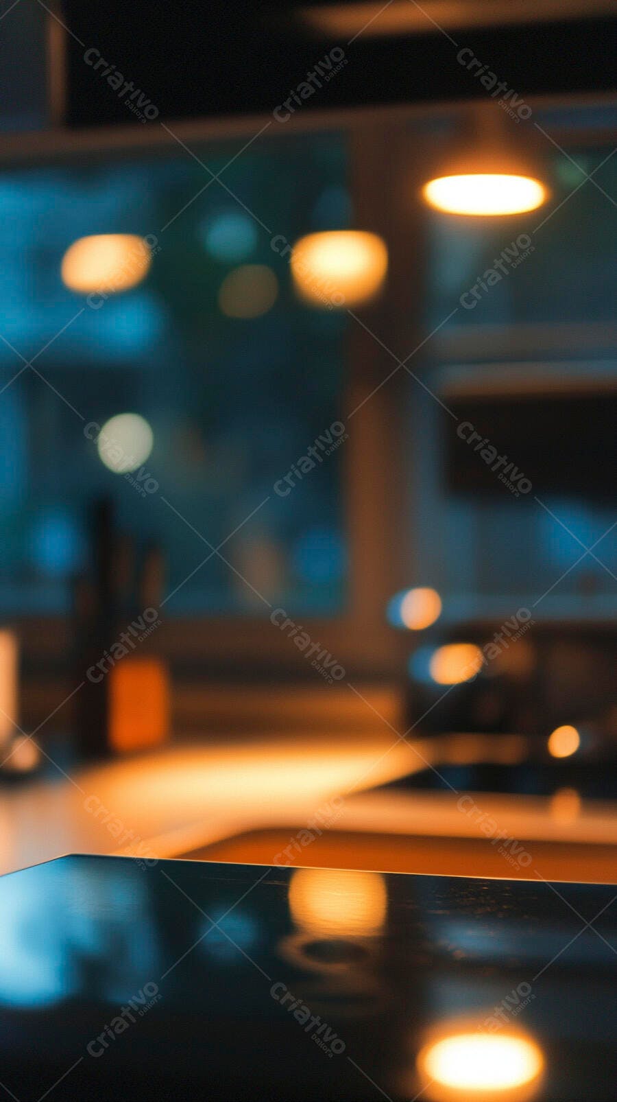 Luzes bokeh laranja e azul refletindo em superfície escura